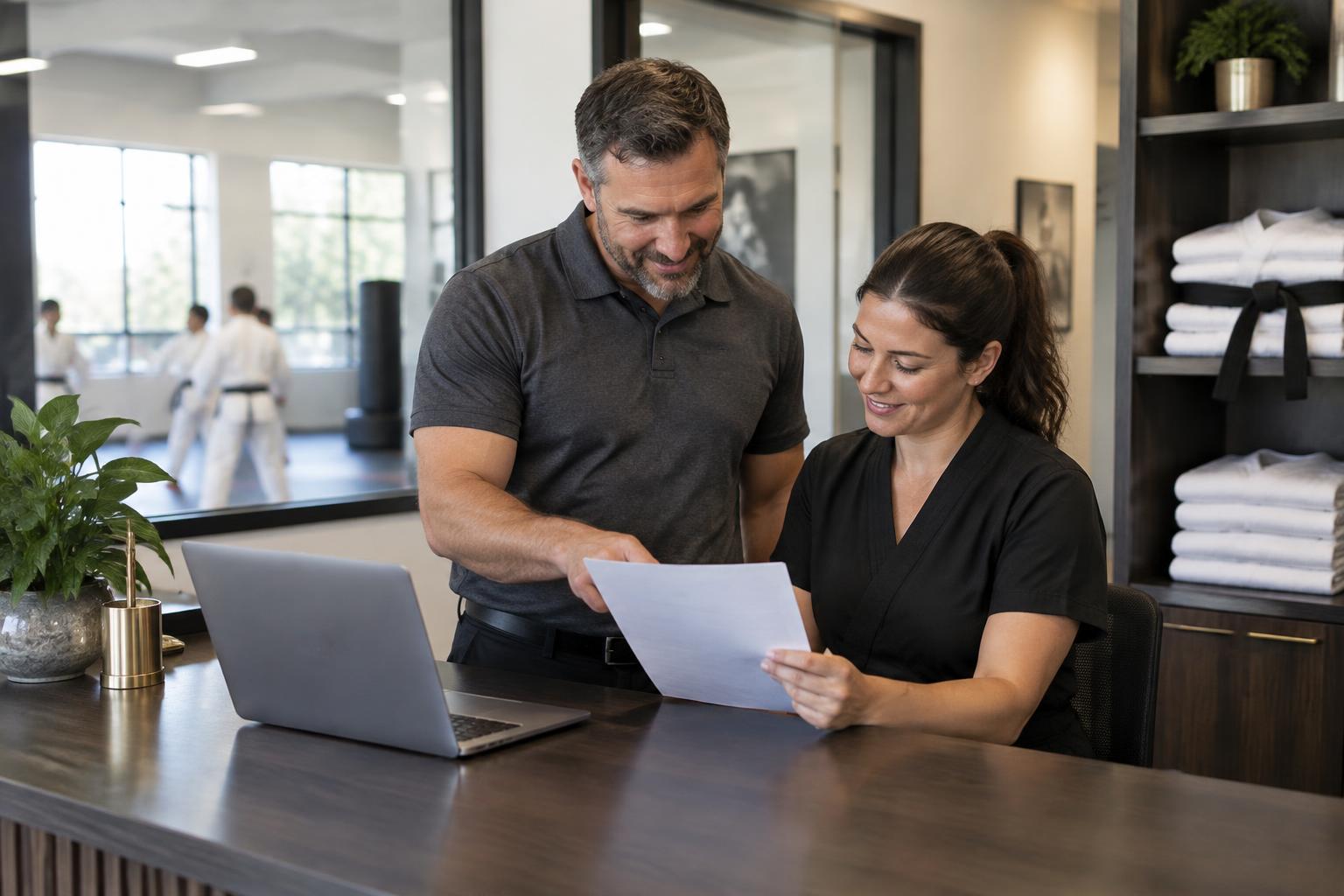 Academy staff reviewing a checklist at the reception desk